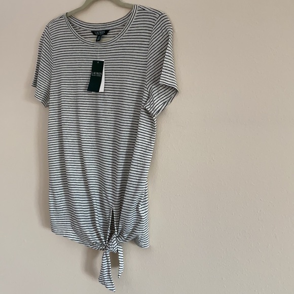 New Lauren Ralph Lauren linen Striped T-Shirt front knot top - Picture 8 of 10